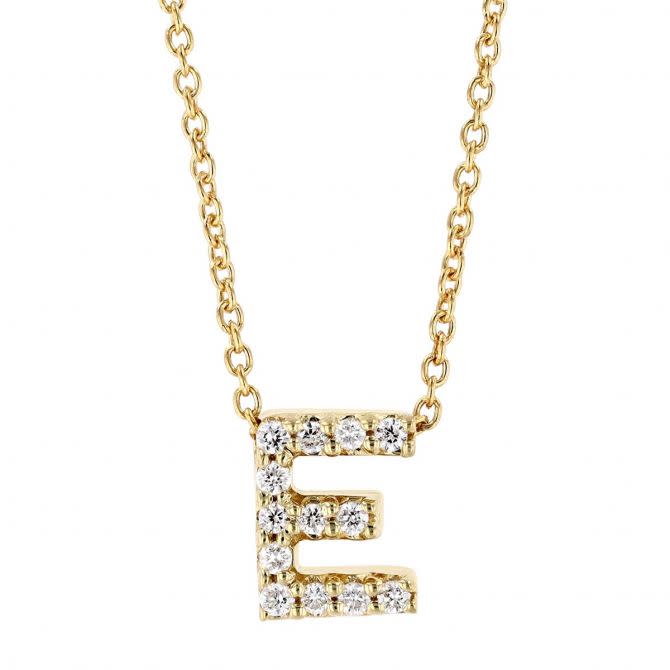 Tiny Treasures 0.06Ct Diamond Love Letter "E" Pendant on Chain in 18K Yellow Gold, 18in