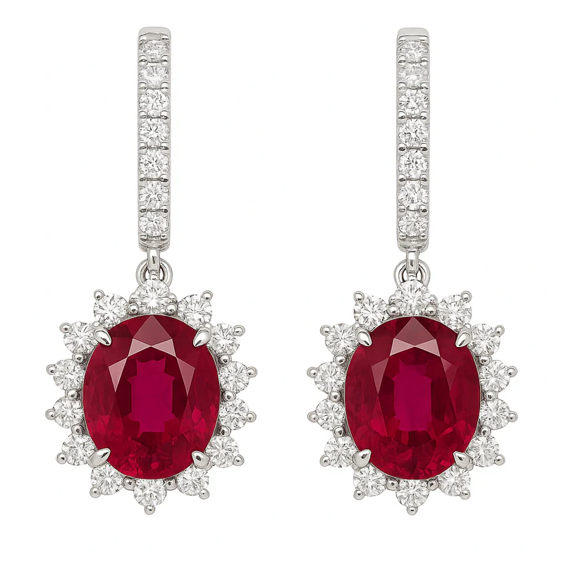 5.17ct Oval Rubellite and 0.85ct Diamond Halo Drop Earrings in 14K White Gold