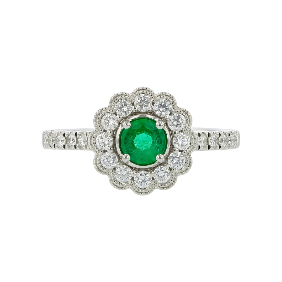 0.32ct Round Emerald and 0.38ct Diamond Halo Ring in 14K White Gold, size 6.5