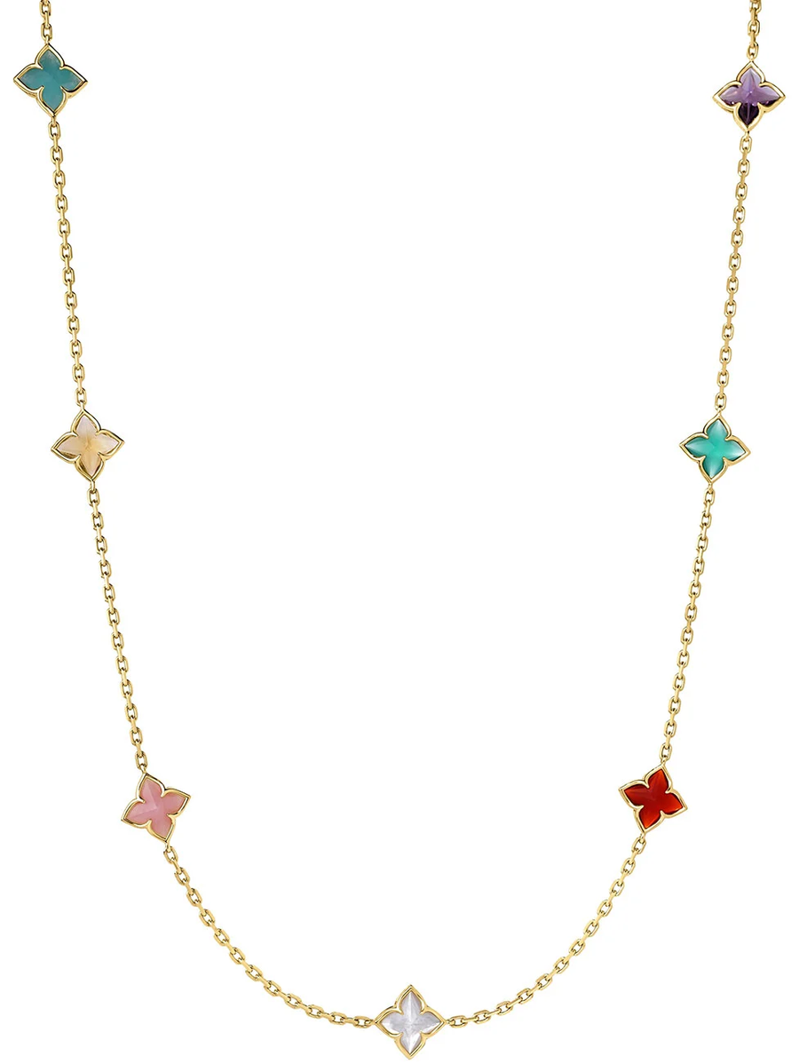Venetian Princess Carnival Mixed Stone 7 Station Flower Necklace in 18K Yellow Gold, 16-18" chain