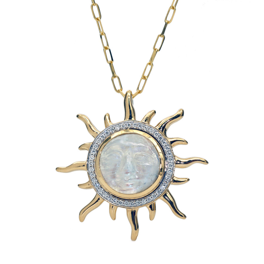 Smiling Sunshine 8.86ct Moonstone and 0.33ct Diamond Sun Pendant in 18K Yellow Gold, on 18" chain