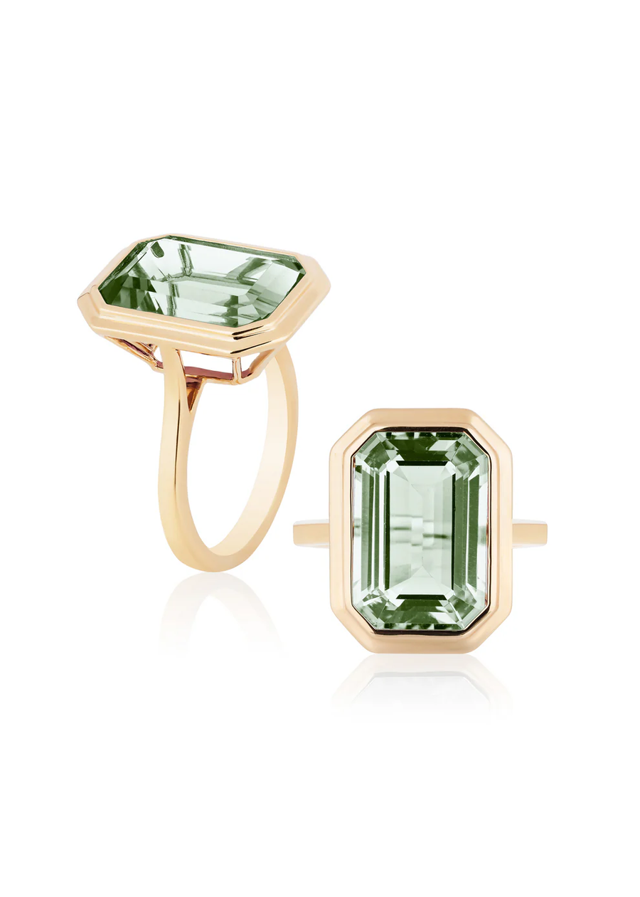 Manhattan 6.95ct Emerald Cut Prasiolite Bezel Set Ring in 18K Yellow Gold, size 6.5