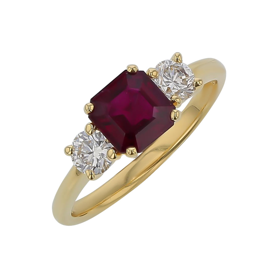 1.05ct Ruby and 0.48ct Diamond 3-Stone Ring in 18K Yellow Gold, Size 6.25