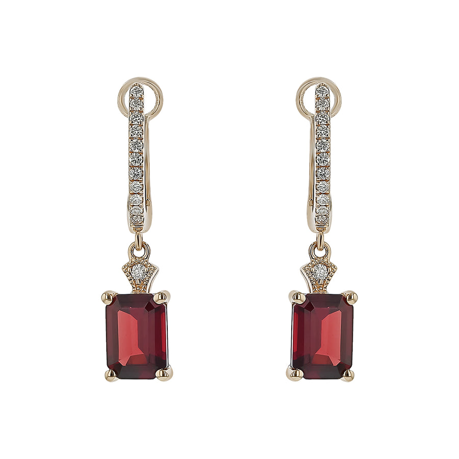 2.40ct Emerald Cut Garnet and 0.13ct Diamond Drop Earrings in 14K Yellow Gold