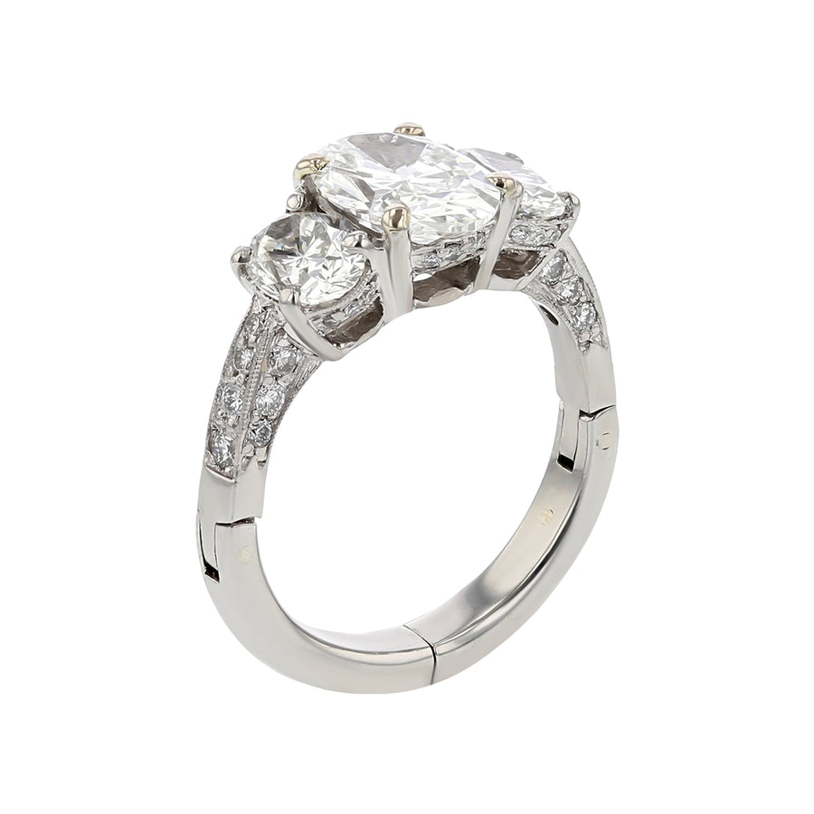 2.00ct Oval Diamond Center 1.20ct Oval Diamond Sides H/VS2 and 0.42ct Full Cut Diamonds Ring with Fingermate Shank in Platinum and 14k White Gold Size 7
