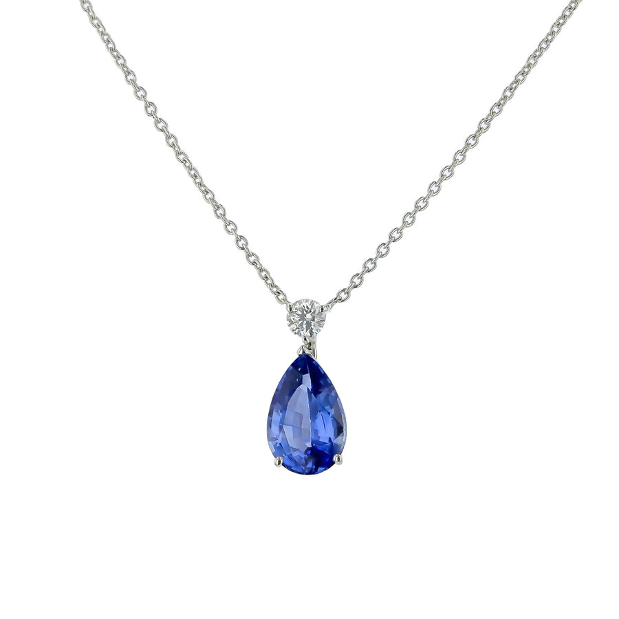 Classic 1.25ct Pear Shape Sapphire and 0.08ct Diamond Pendant in 18K White Gold, 18" chain