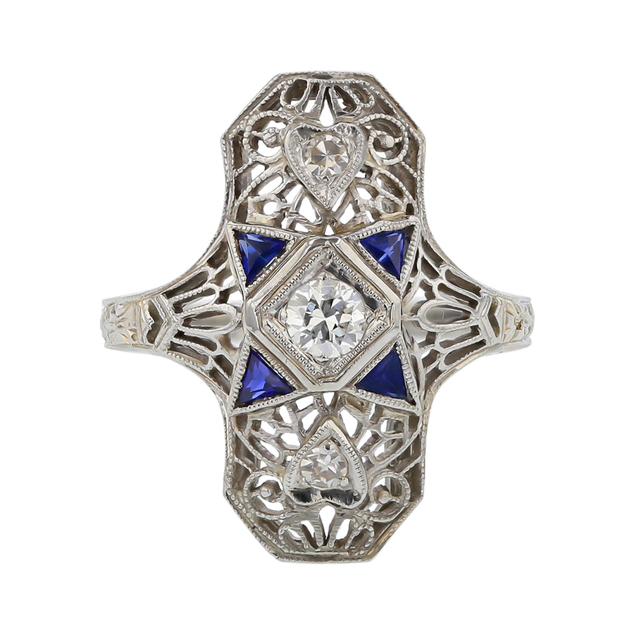 0.18ct Full Cut and Single Cut Diamonds and Sapphire Shield Ring in 18K White Gold, Size 6.5