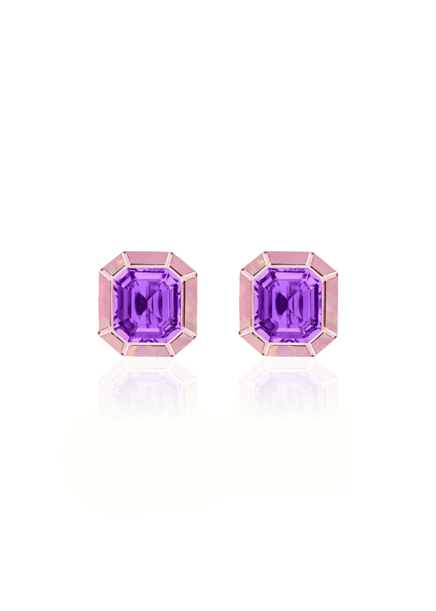 Melange 6.75ct Emerald Cut Amethyst and 1.17ct Pink Opal Stud Earrings in 18K Rose Gold