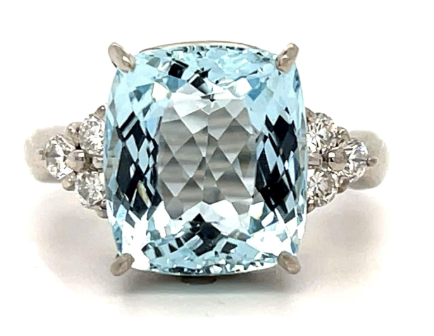 6.28ct Cushion Aquamarine and 0.40ct Diamond Ring in Platinum, Size 6.5