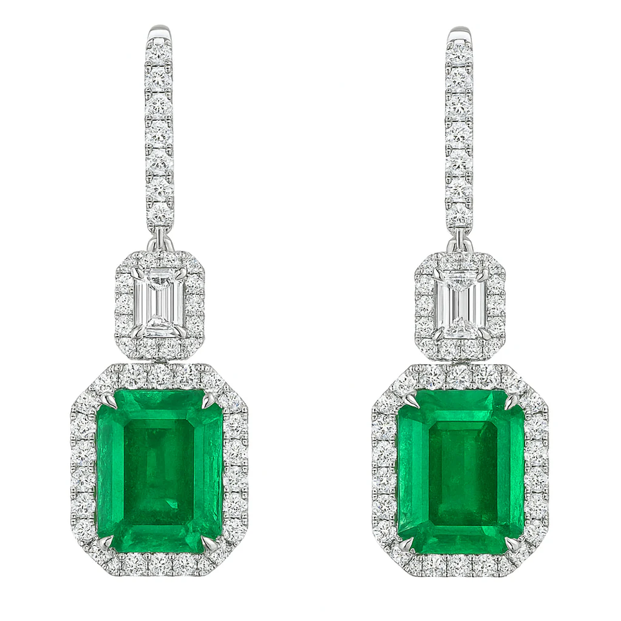9.46ct Emerald with 1.86ct Round and Emerald Cut Diamond Halo Drop Earring in 18K White Gold