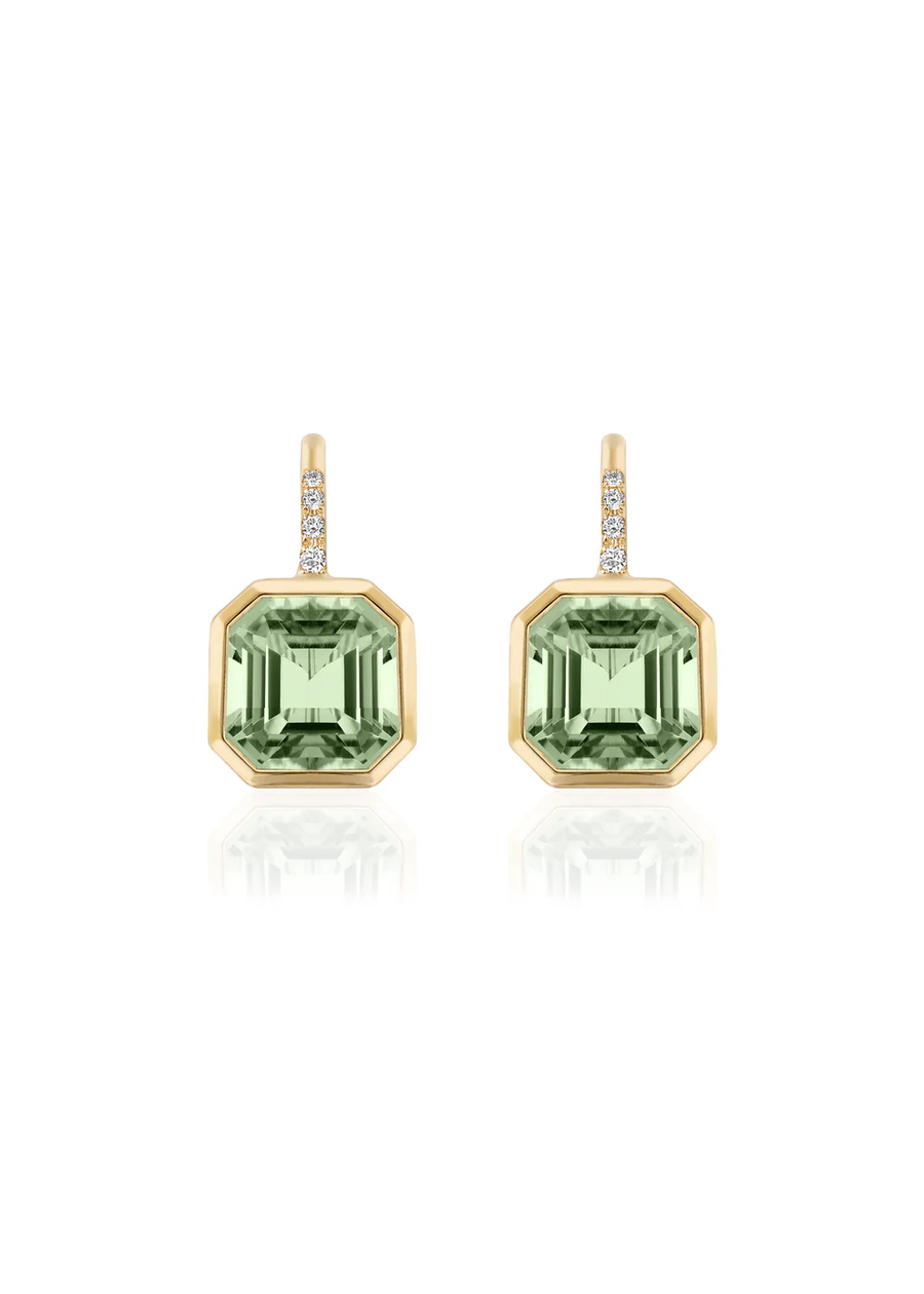 Gossip 6.11ct Asscher Cut Prasiolite and 0.07ct Round Diamond Drop Earrings in 18K Yellow Gold