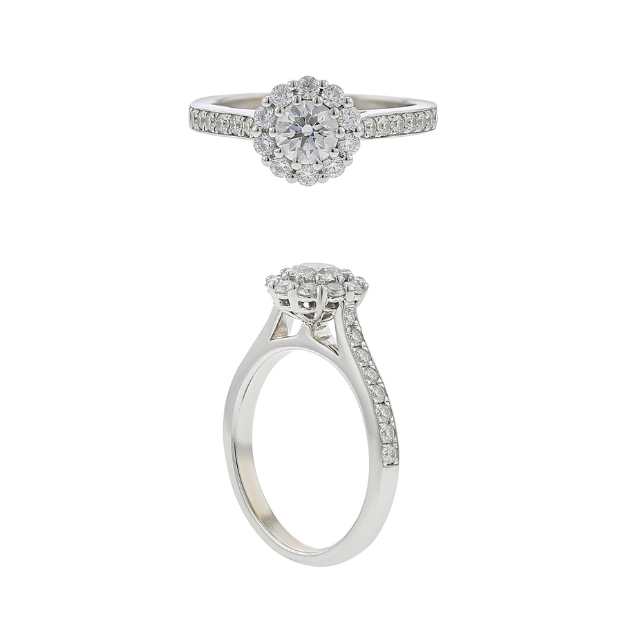 0.527ct Hearts On Fire Diamond and 0.36ct Diamond Halo Transcend Engagement Ring in 18K White Gold, size 6.5