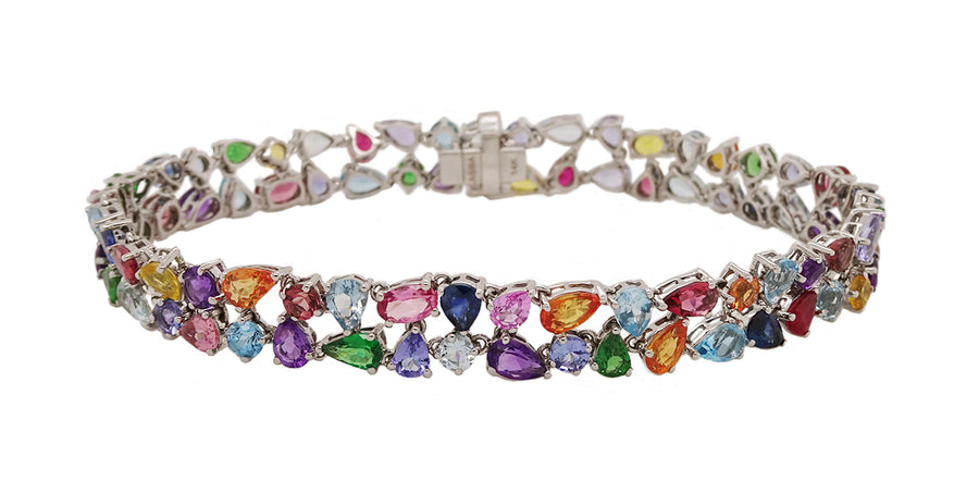 14.91ct Mixed Shaped and Multi Color 2 Row Bracelet in 14K White Gold