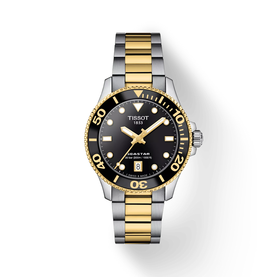 36mm Seastar 1000 Watch with Black Dial in Stainless Steel with Yellow Gold PVD, Bracelet