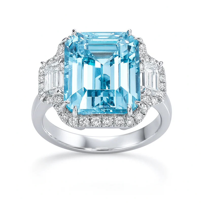 4.11ct Emerald Cut Aquamarine, 0.45ct Emerald Cut Diamond and 0.26ct Round Diamond Halo Ring in 18K White Gold
