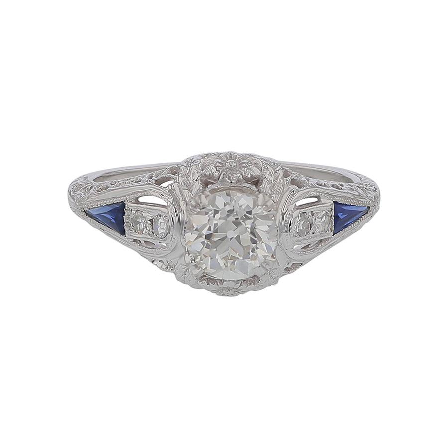 0.71ct Diamond, 4 Diamonds and 2 Trillion Sapphires 1920 Art Deco Engagement Ring in 18K White Gold, size 5.75