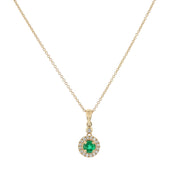 0.42ct 5mm Round Zambian Emerald and 0.17ct Full Cut Diamonds Halo Pendant Necklace on 18" Chain in 14k Yellow Gold