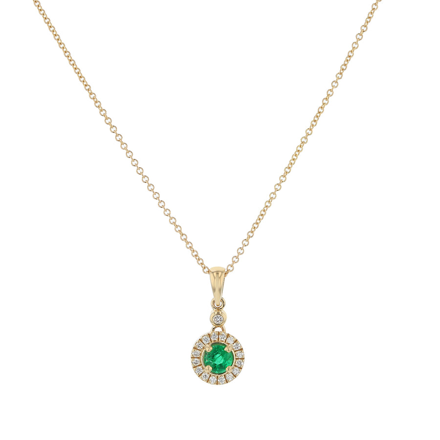 0.42ct 5mm Round Zambian Emerald and 0.17ct Full Cut Diamonds Halo Pendant Necklace on 18" Chain in 14k Yellow Gold