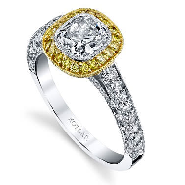 Luca 1.04ct Kite Diamond and 1.15ct Fancy Intense Yellow and White Diamond Halo Ring in Platinum and 18K Yellow Gold, size 6.5