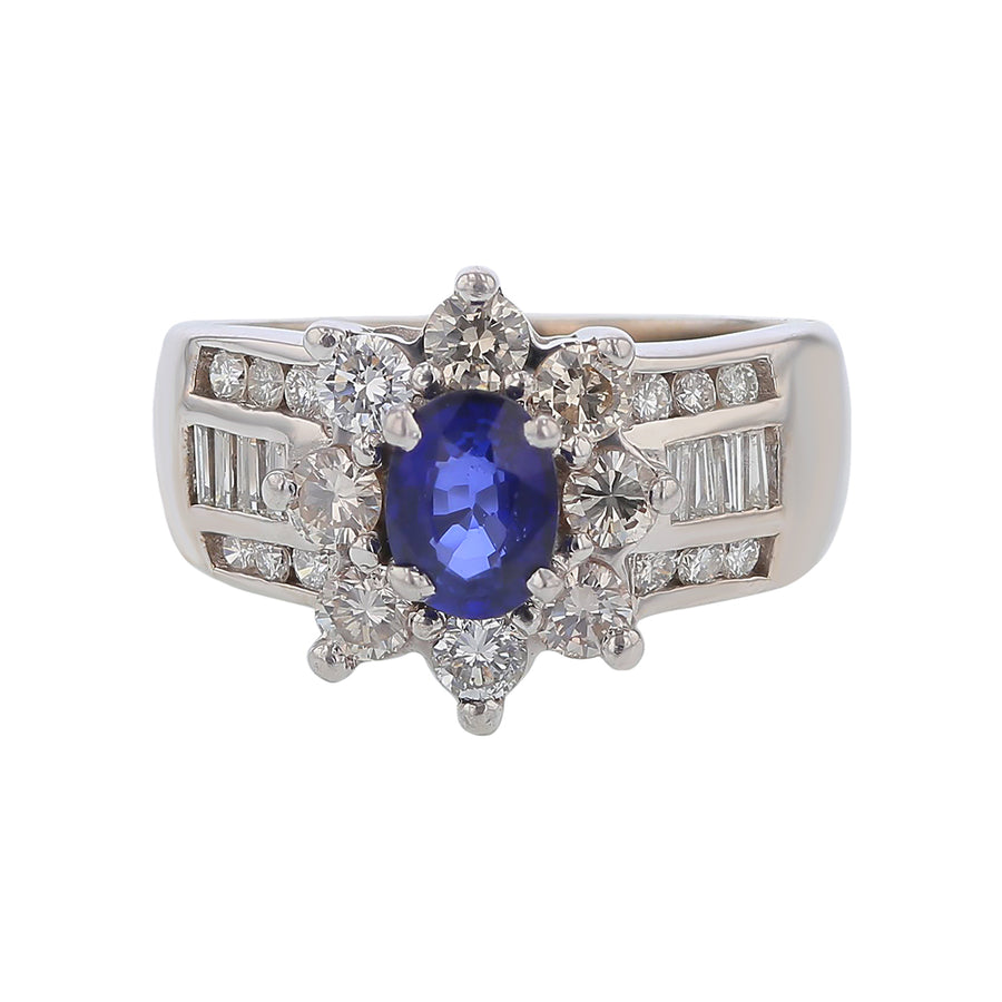 0.83ct Sapphire and 1.15ct Diamonds Halo Ring in 14K White Gold, size 6.5