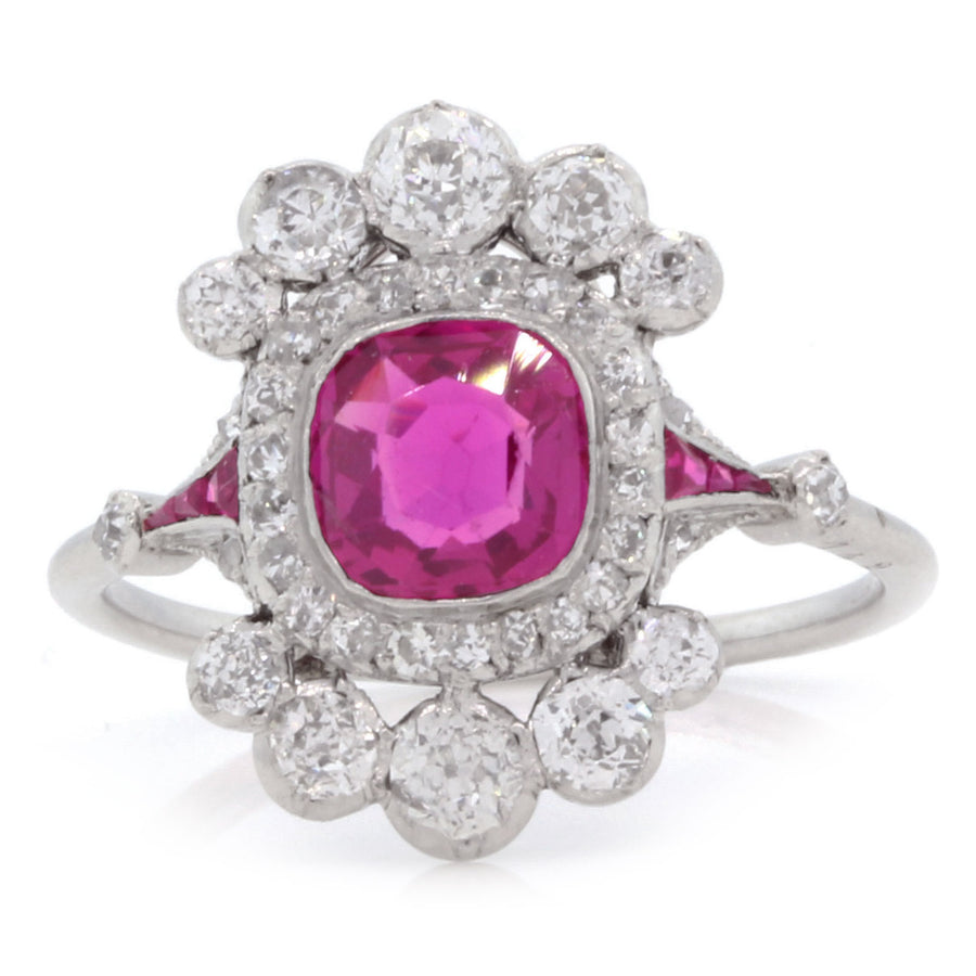 0.90ct Bezel Set Ruby, 0.56ct Old European Cut Diamond, 0.16ct Single Cut Diamond, and 4 Rose Cut Diamond Edwardian Ring in Platinum