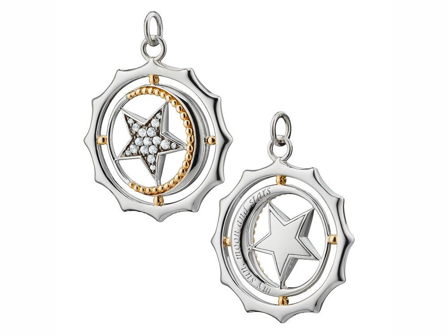 Sun, Moon, & Stars Charm with White Sapphire in 18K Yellow Gold and Sterling Silver
