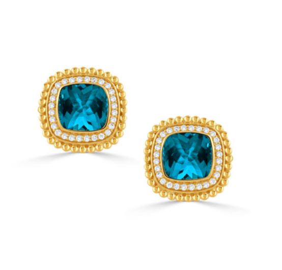 Justinian 2.15ct Blue Topaz and 0.24ct Diamond Halo Stud Earrings in 18K Yellow Gold
