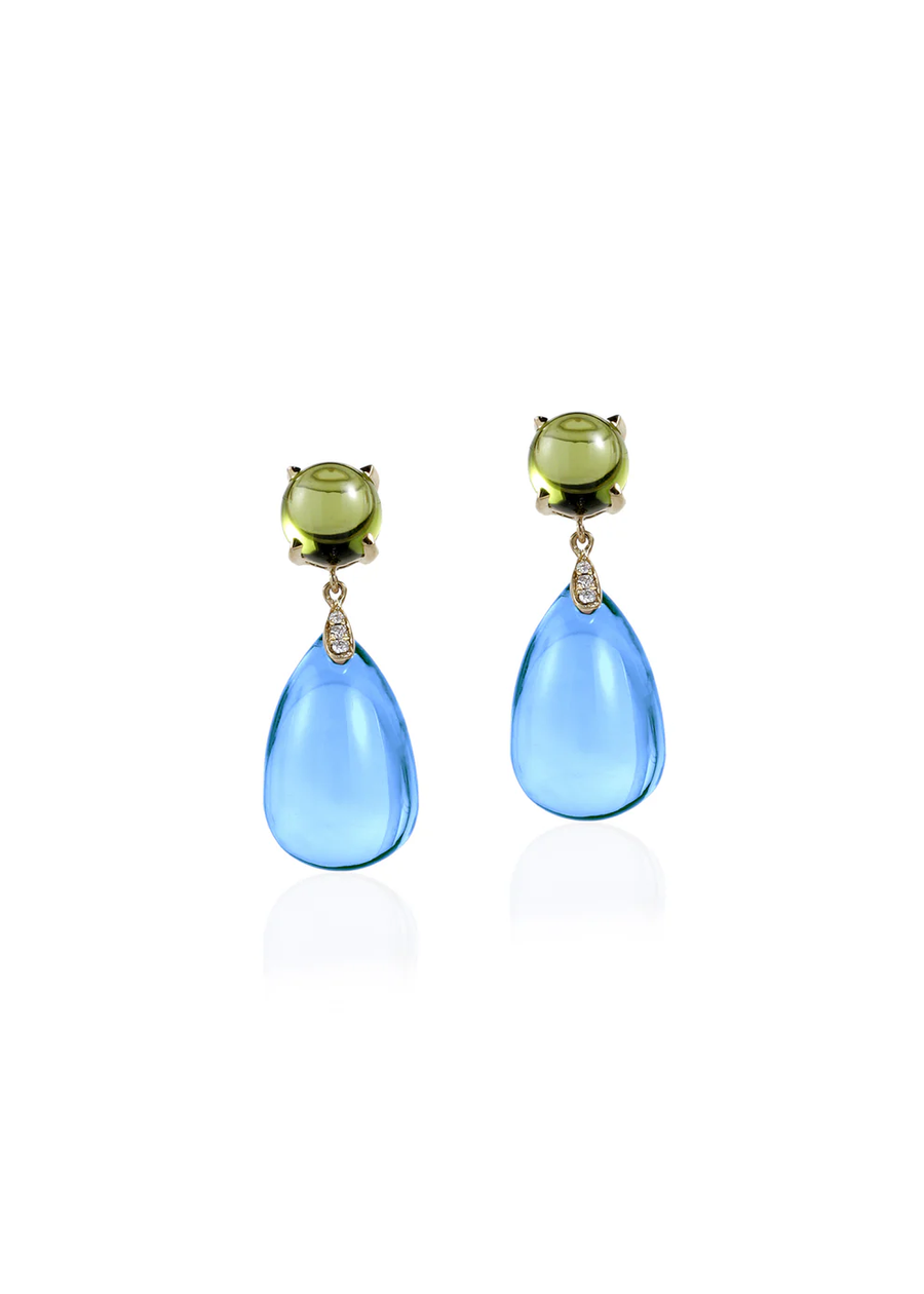 Naughty 49.67ct Cabochon Blue Topaz, 5.19ct Cabochon Peridot and 0.06ct Diamond Teardrop Earrings in 18K Yellow Gold