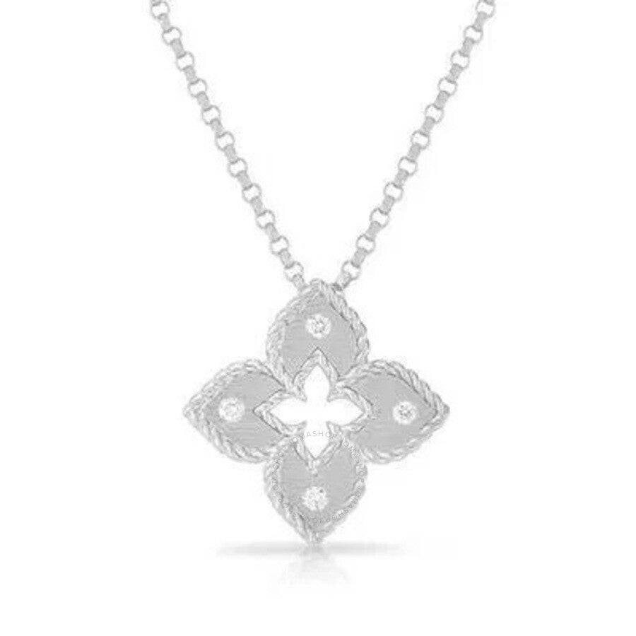 Venetian Princess 0.02ct Diamond Petite Satin Flower Pendant in 18K White Gold, 18" chain
