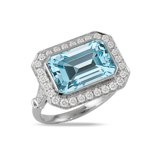 Sky Blue 5.89ct Blue Topaz and 0.59ct Diamond Halo Ring in 18K White Gold, size 6.5