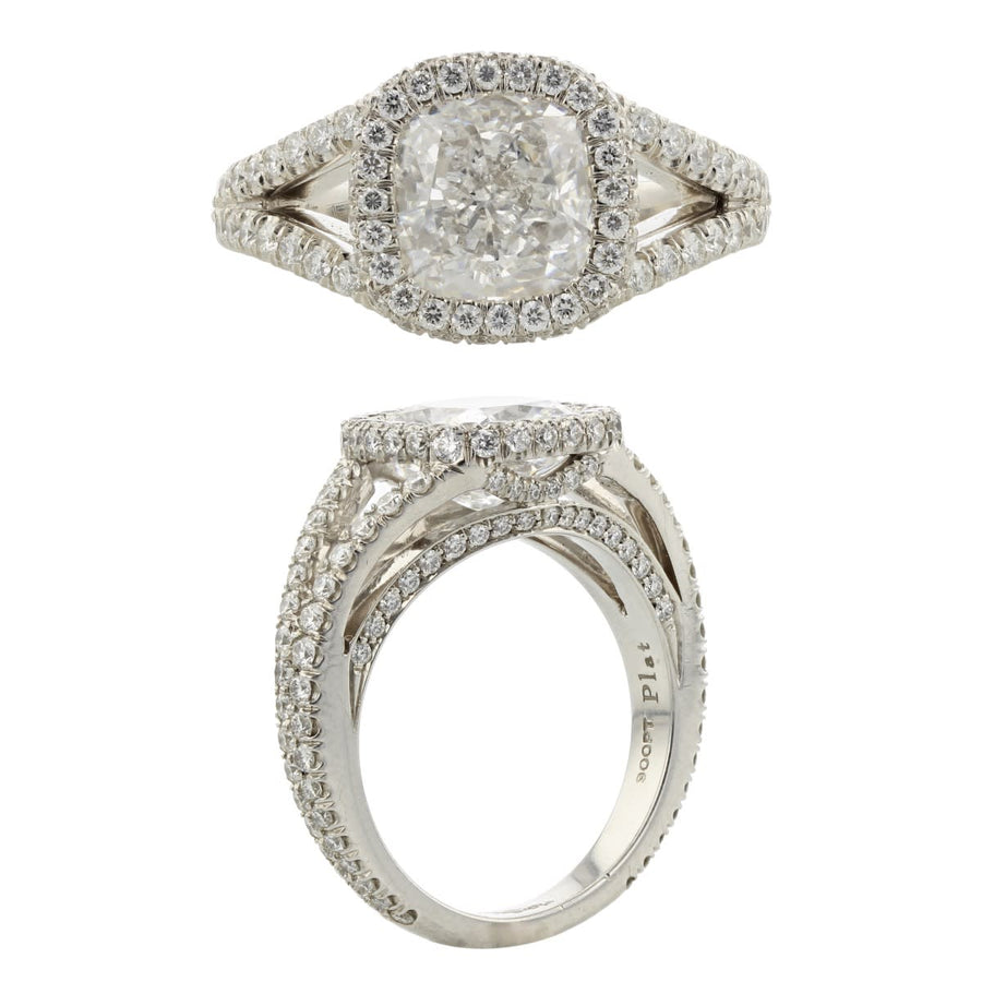 Kotlar Cushion Diamond and Diamond Ring in Platinum