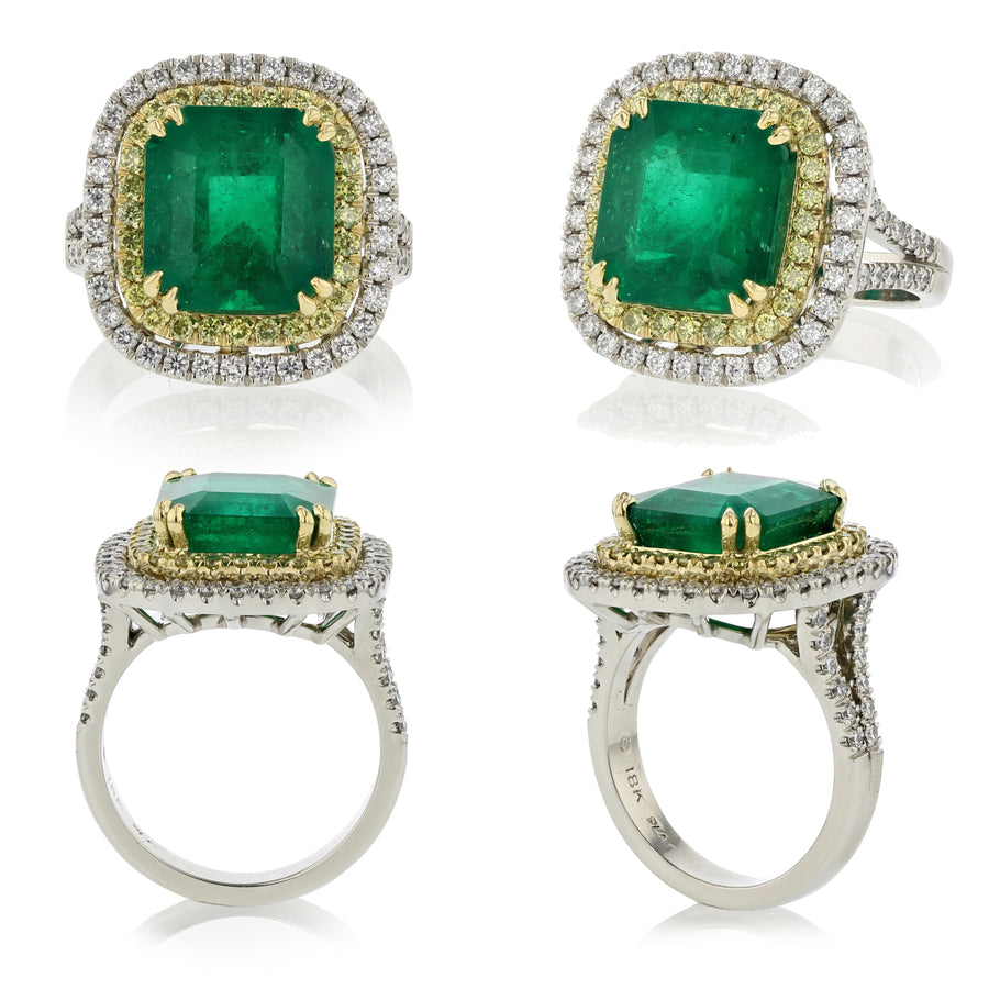 Colombian Emerald and Diamond Double Halo Ring