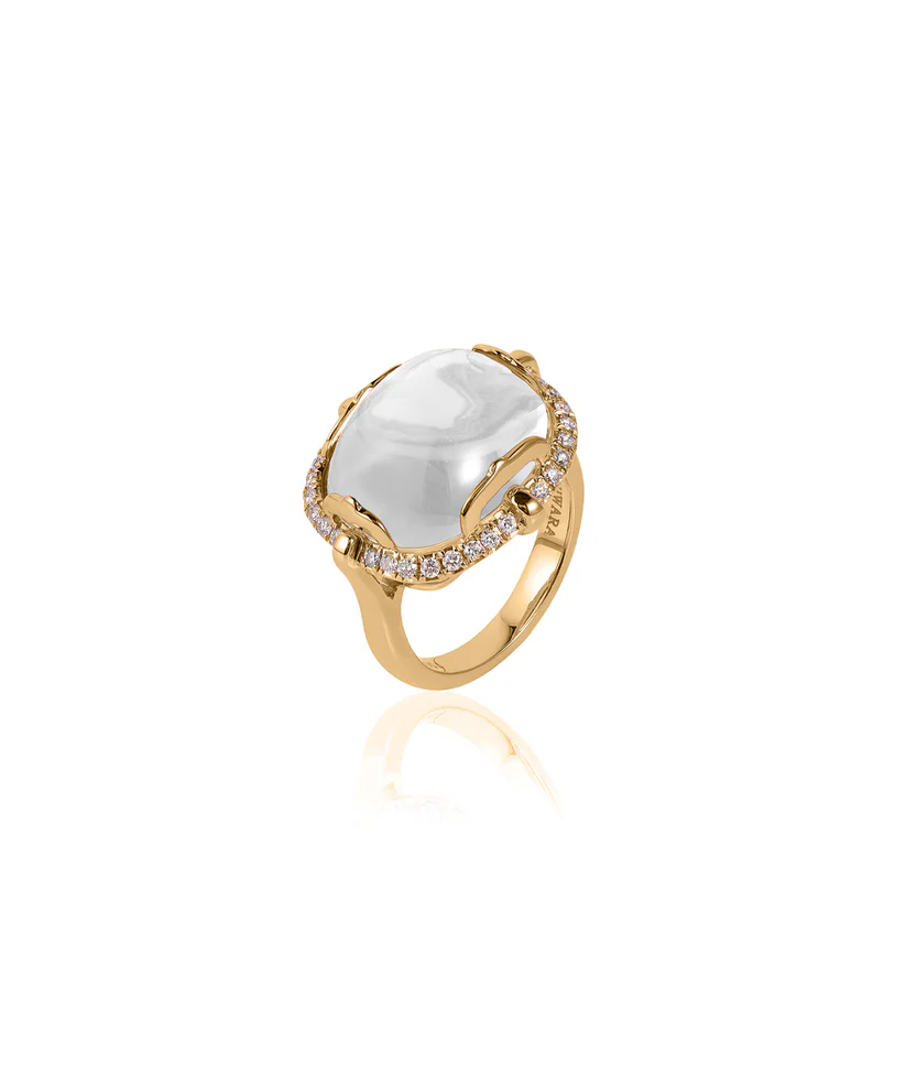 Rock N Roll 13.36ct Cabochon Moon Quartz and 0.32ct Diamond Halo Ring in 18K Yellow Gold, size 7.5