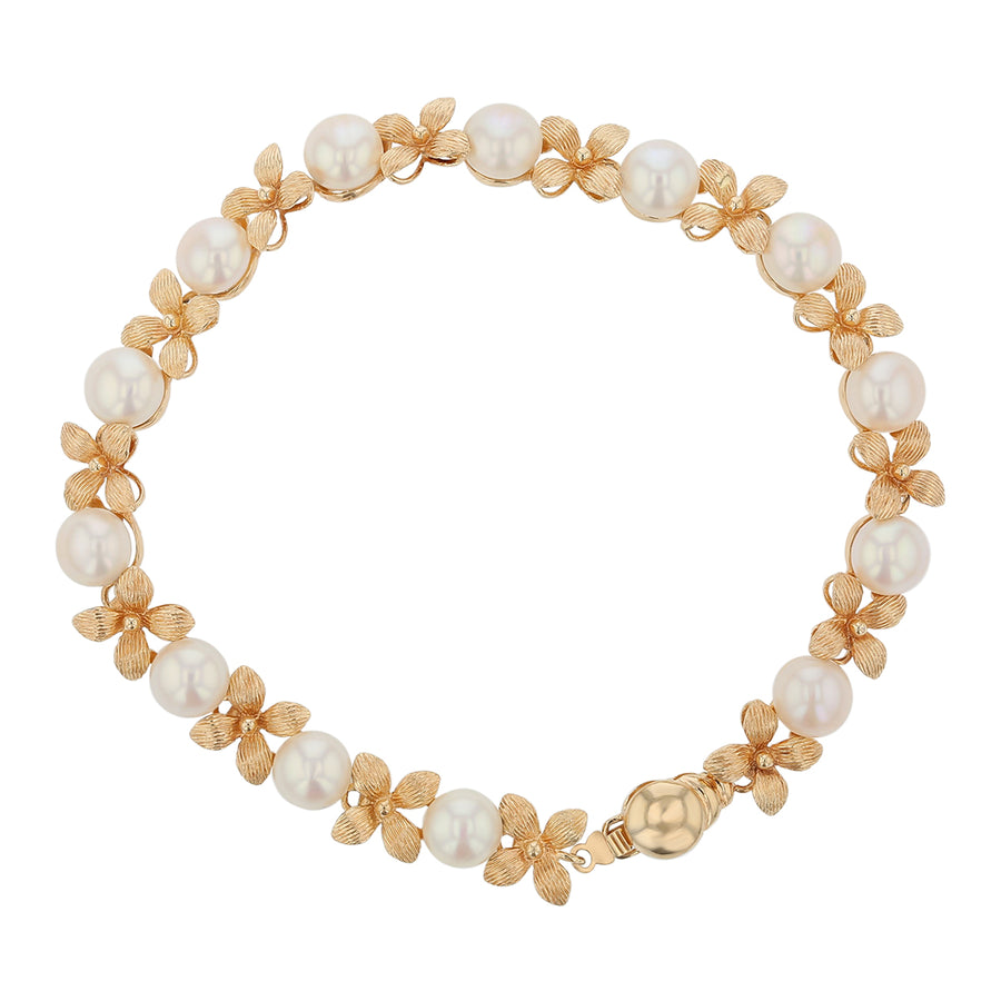 6.5mm Cultured Pearl Flower 7.5" Bracelet in 14K Yellow Gold