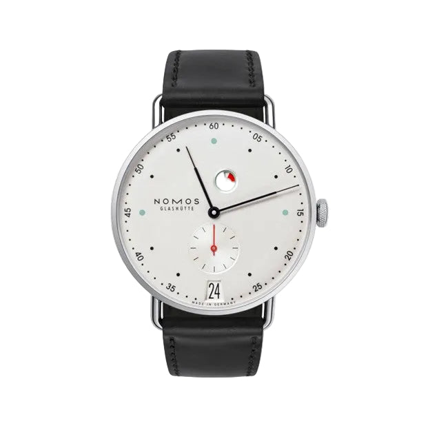 37mm Metro Date Power Reserve Watch with White Silver-Plated Dial in Stainless Steel, Strap