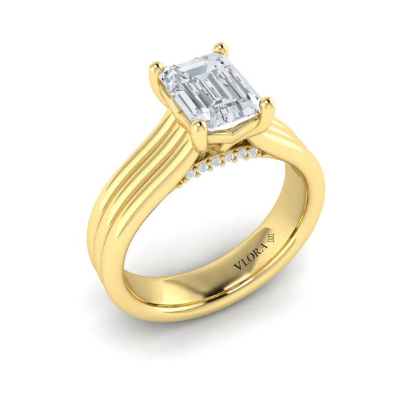 0.04ct Diamond Fluted Ring Semi Mount in 18K Yellow Gold for 1.50ct Emerald Cut Center, size 6.5