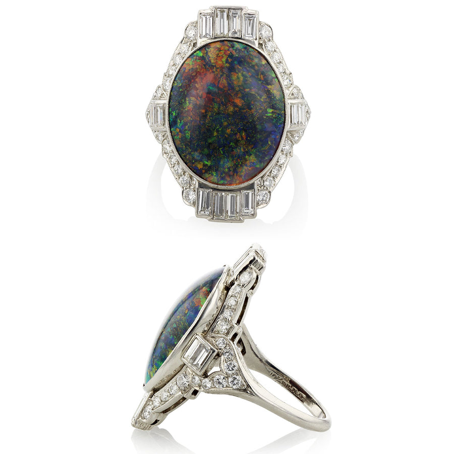 8.50ct Black Oval Opal and 1.50ct Diamond Art Deco Ring in Platinum