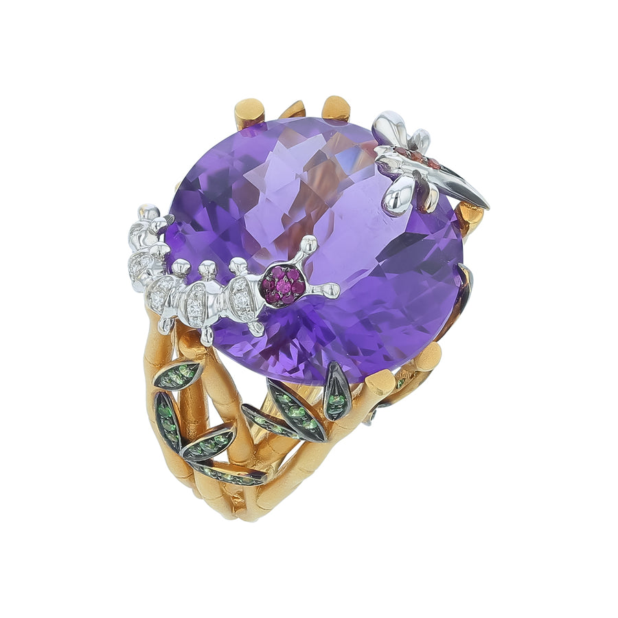 Garden 0.05ct Diamond and Amethyst Ring in 18K Yellow Gold, Size 6.5
