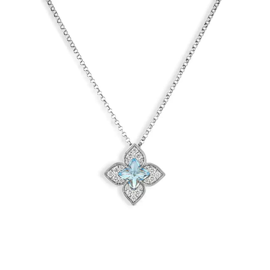 Venetian Princess 0.75ct Blue Topaz and 0.17ct Diamond Flower Pendant in 18K White Gold, 17" chain