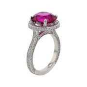 4.37ct Oval Rubellite Tourmaline (H) and 1.00ct Full Cut Diamond Halo Ring in Platinum
