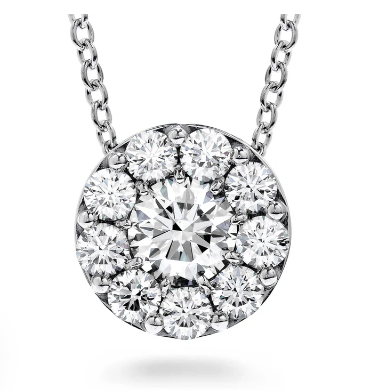 Fulfillment 0.90-1.07ct Diamond Halo Pendant in 18K White Gold, on 18" chain