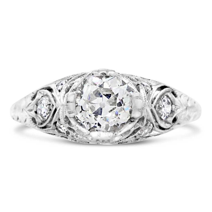0.66ct Old Mine Cut Diamond, 0.07ct Round Brilliant, and 0.08ct Single Cut Diamond Art Deco Ring in Platinum, Size 4.25 (H/VS1)