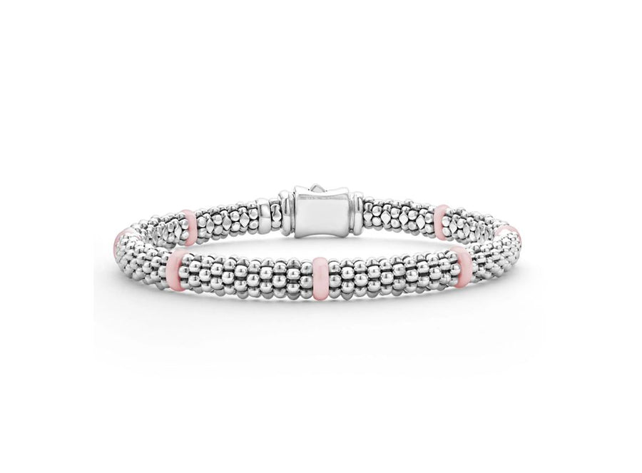 Pink Caviar 6mm 7 Station Beaded Rope Bracelet in Sterling Silver and Ceramic Size 7