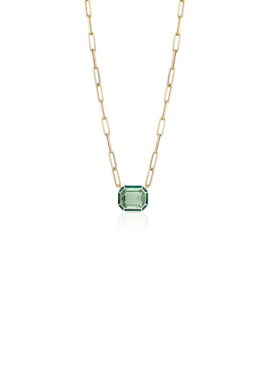 Mélange 2.78ct Emerald Cut Prasiolite and 0.86ct Malachite Pendant in 18K Yellow Gold, 16" chain