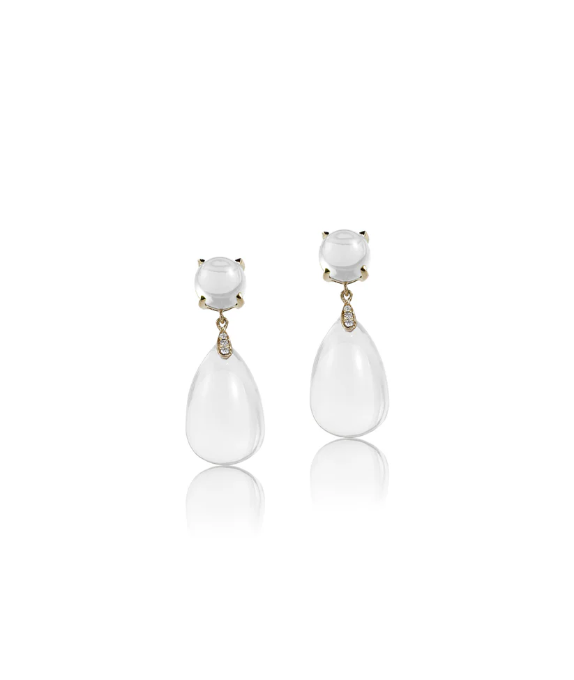Naughty 39.92ct Cabochon Moon Quartz and 0.06ct Diamond Teardrop Earrings in 18K Yellow Gold