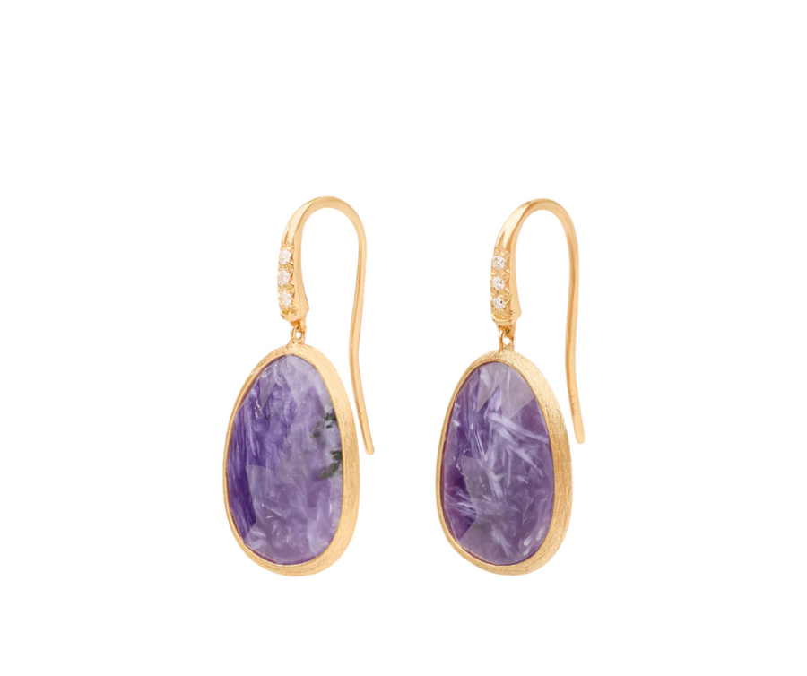Lunaria Charoite and 0.04ct Diamond Drop Earrings in 18K Yellow Gold