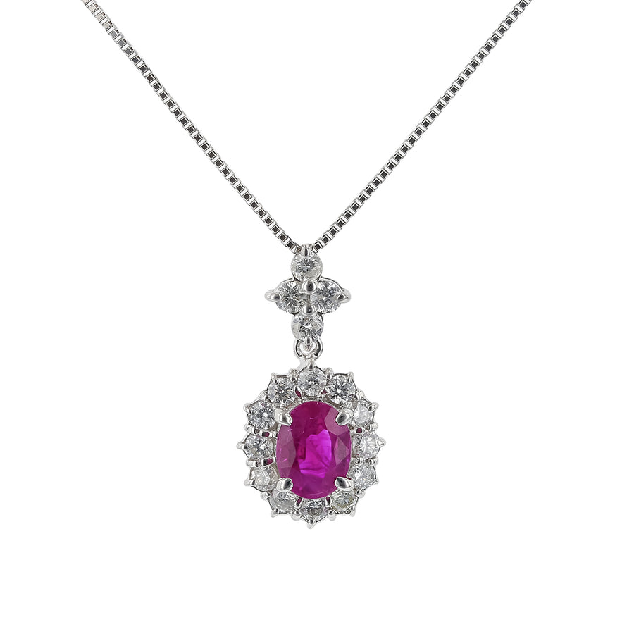 1.00ct Ruby and 0.51ct Diamond Halo Pendant in Platinum, 17" chain