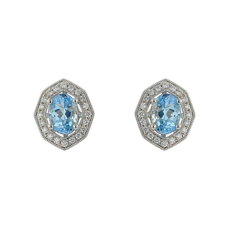 1 .56ct Oval Aquamarine and 0.25ct Diamond Halo Stud Earrings in 14K White Gold