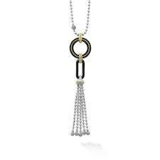 Black Caviar Tassel Pendant in 18K Yellow Gold Sterling Silver and Ceramic, 34" chain