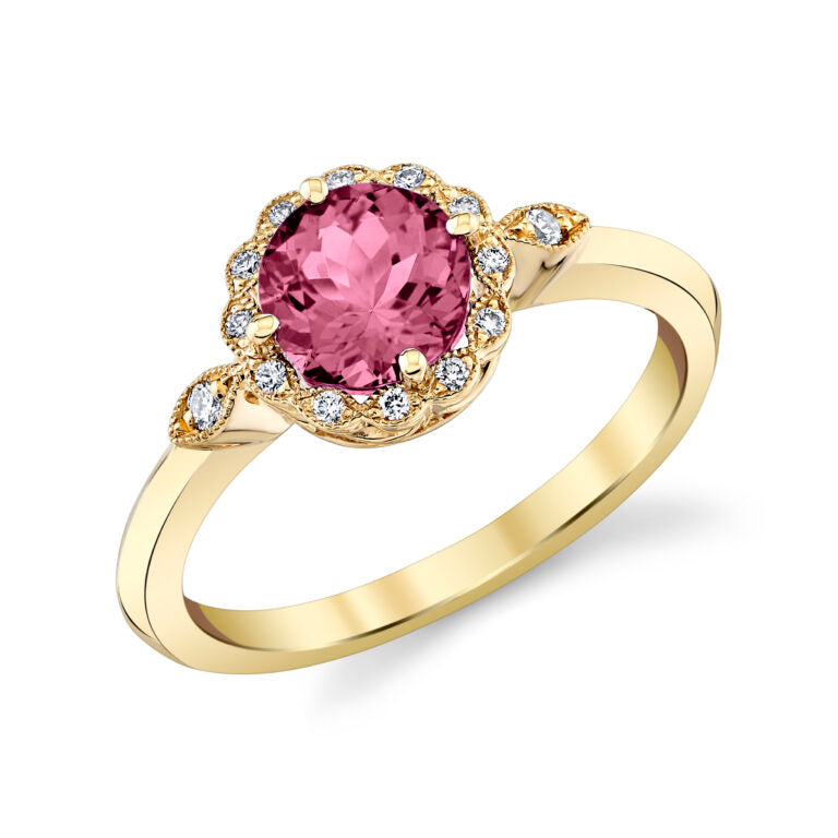 1.40ct Rhodolite and 0.07ct Diamond 6.5mm Halo Ring in 14K Yellow Gold, Size 6.5